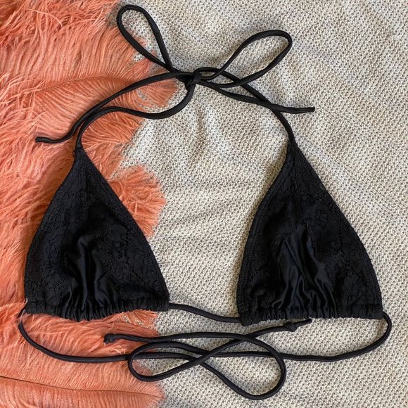Black Lace Trimmed Triangle String Bikini Top - Picture 1 of 1